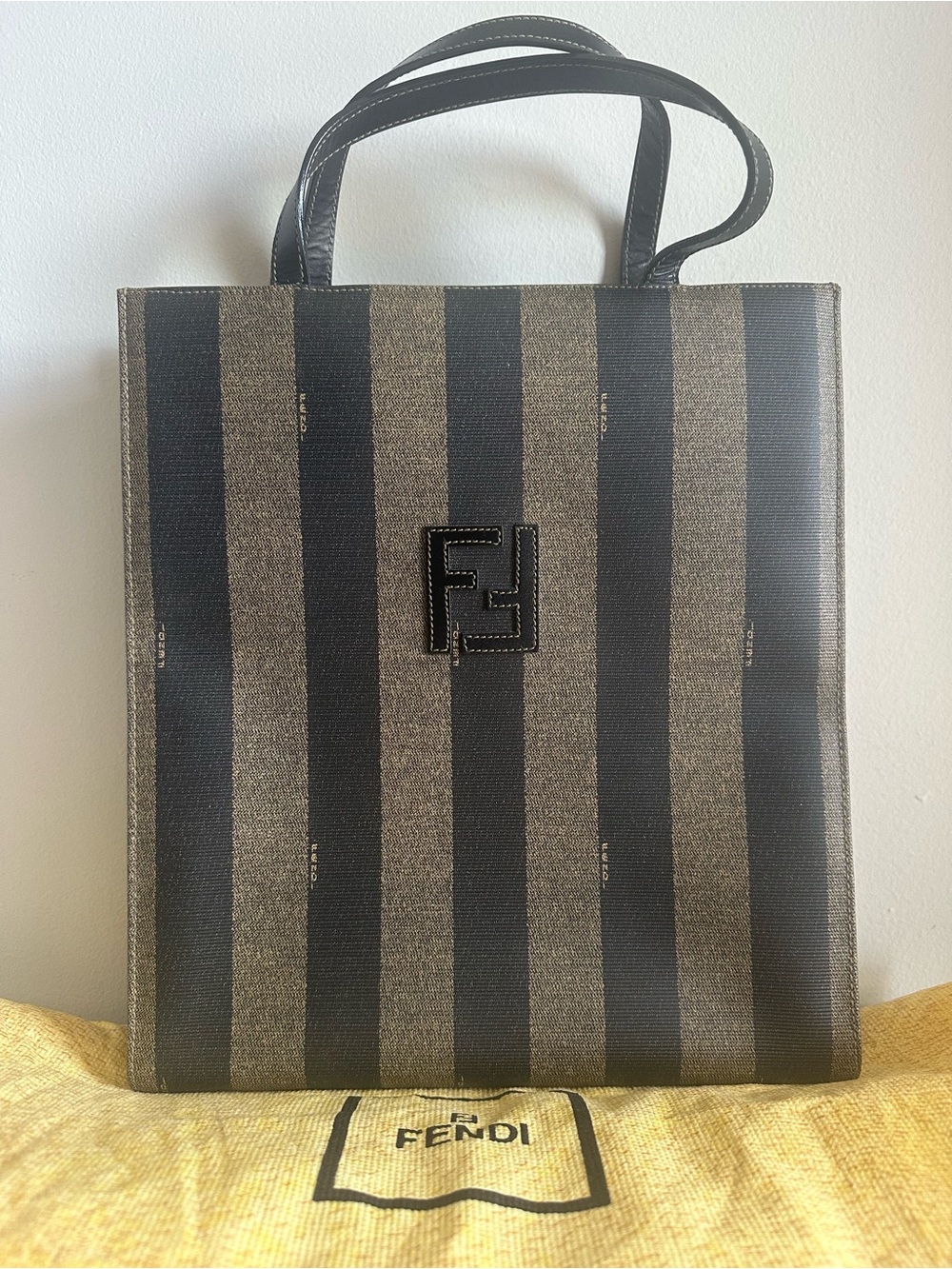 Fendi Pequin Striped Canvas Tote Bag Black Brown Leather w/ Dust Bag